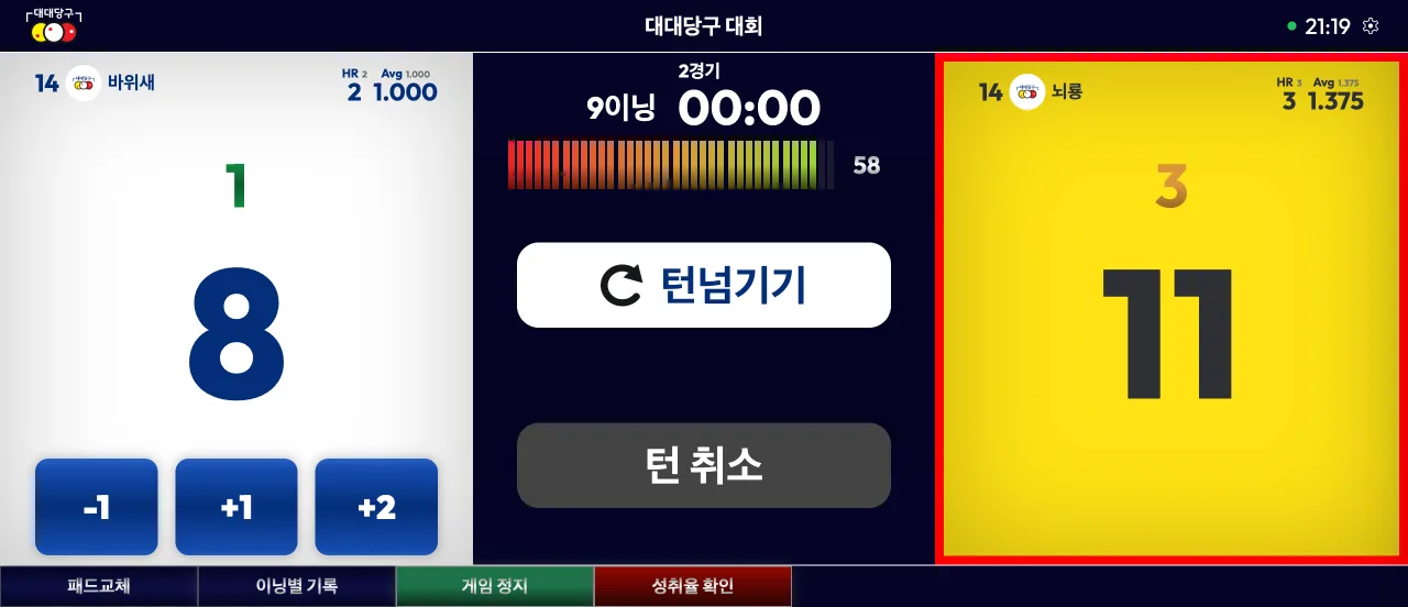 경기 중인 태블릿 화면. 양쪽 점수와 이닝, 점수를 올리는 버튼이 보인다